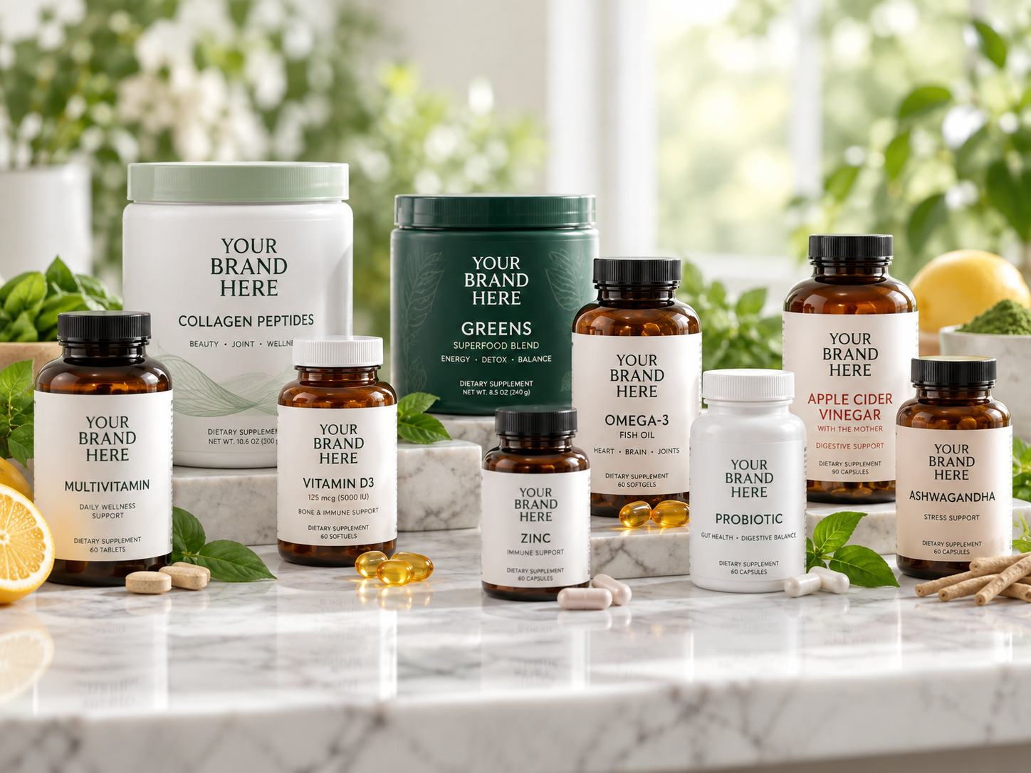 Collection of private label supplements with Your Brand Here labels