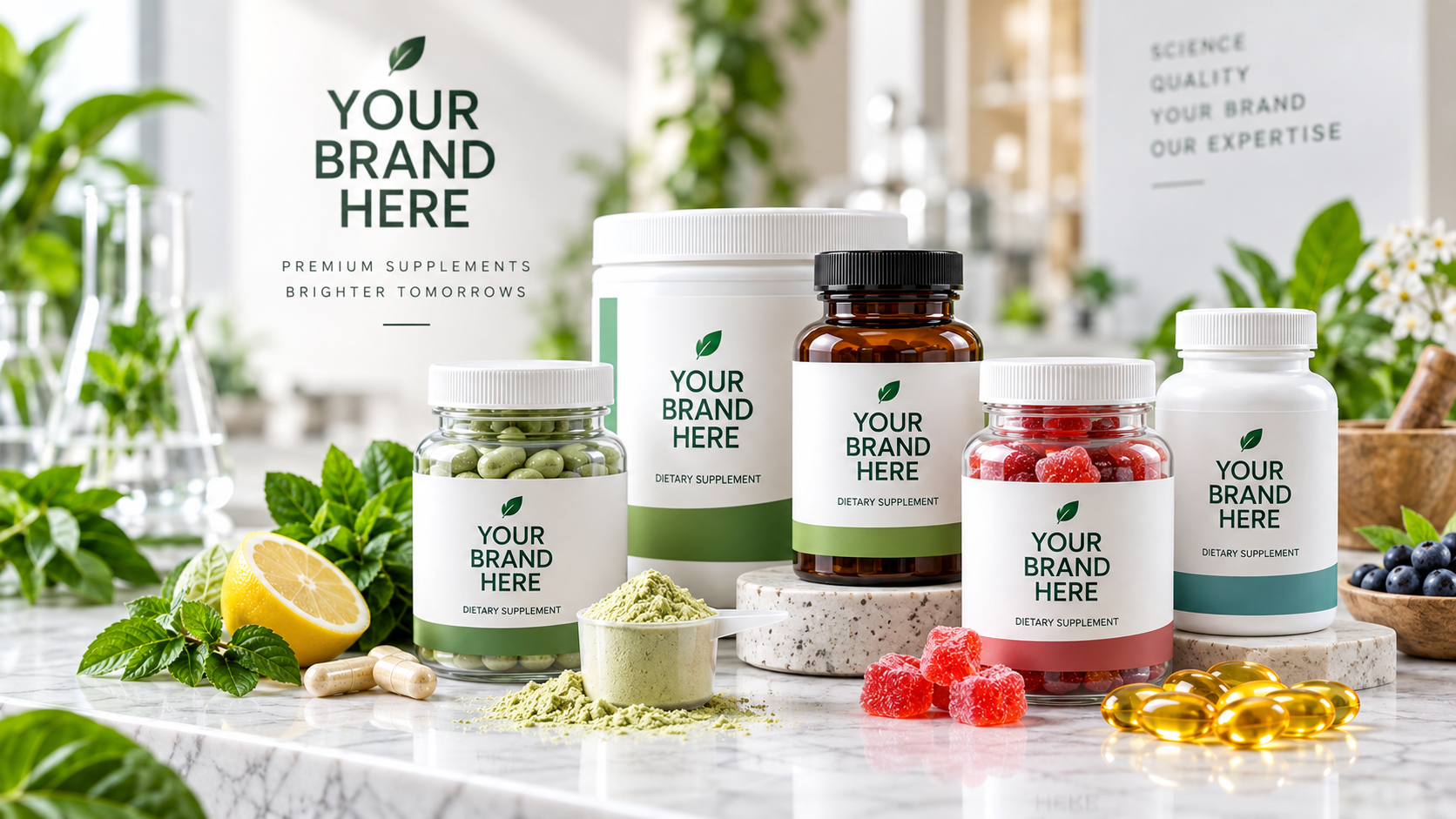 Private label supplement branding display with Your Brand Here bottles