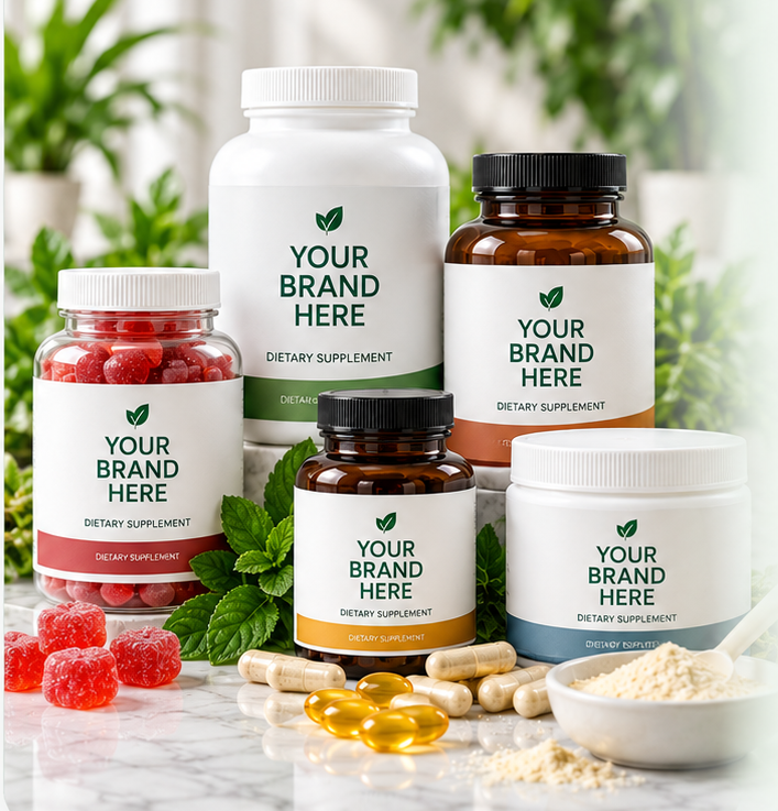 Assortment of private label supplement bottles labeled YOUR BRAND HERE